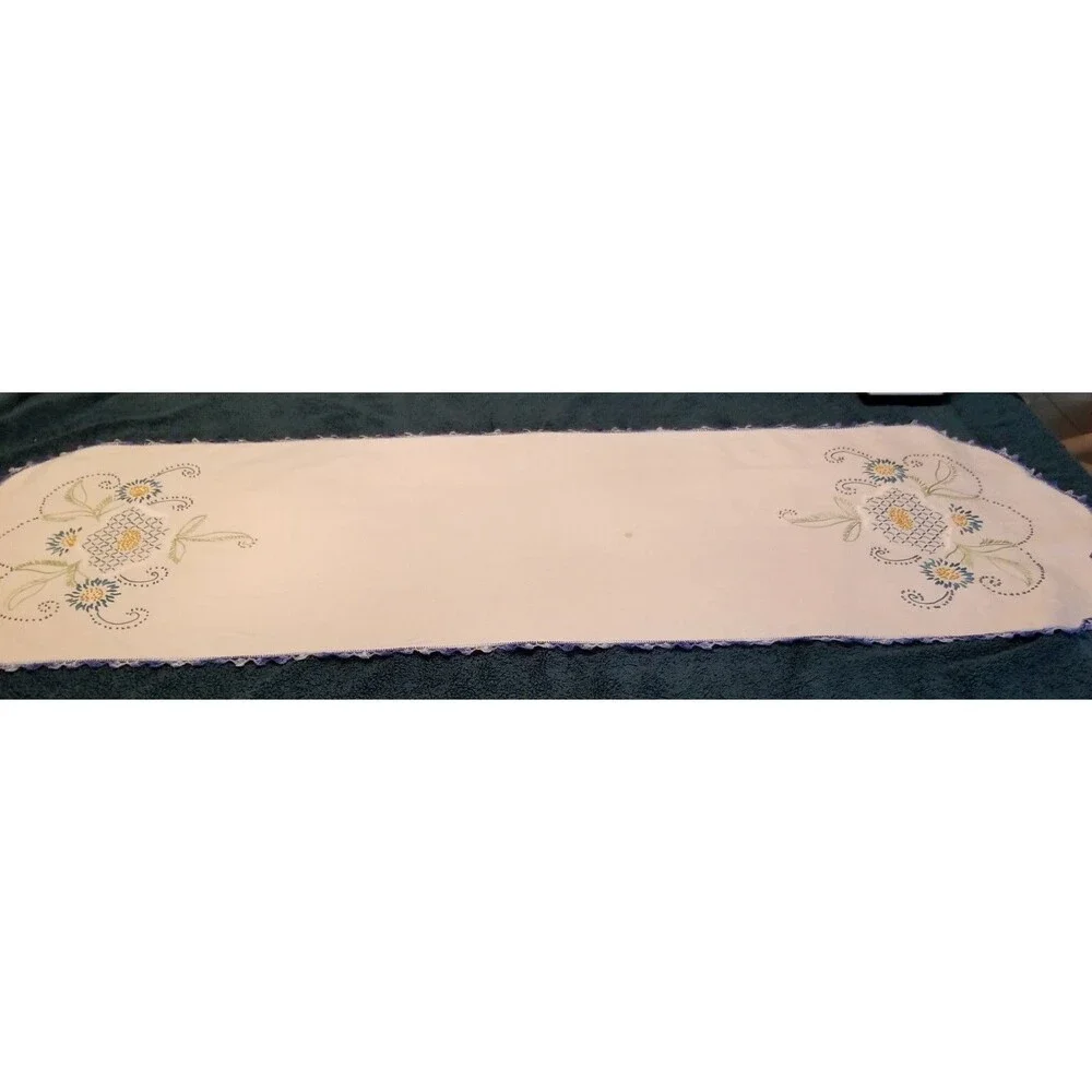 vintage handmade floral needlework table runner with a crocheted border